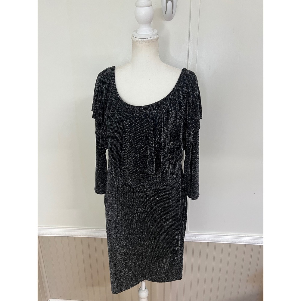 Boohoo Womens Black Silver Glitter Ruffle Wrap Dress Metallic Sparkle Size 16